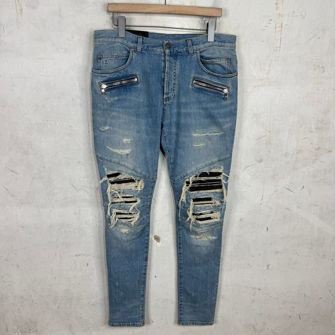 Balmain Lightwash Leather Patched Biker Jeans