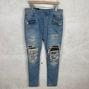 Balmain Lightwash Leather Patched Biker Jeans