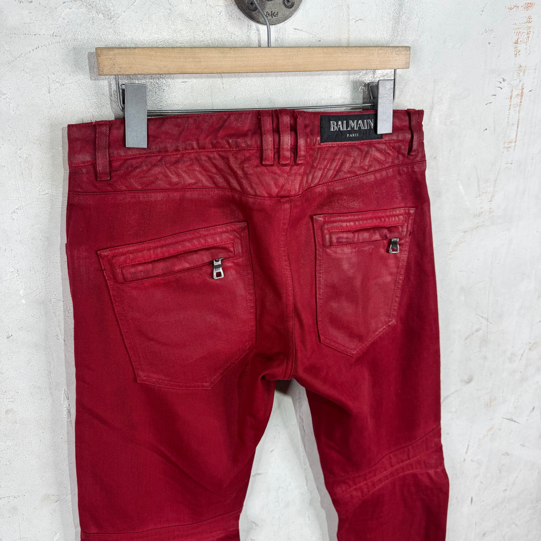 Balmain Red Waxed Biker Jeans