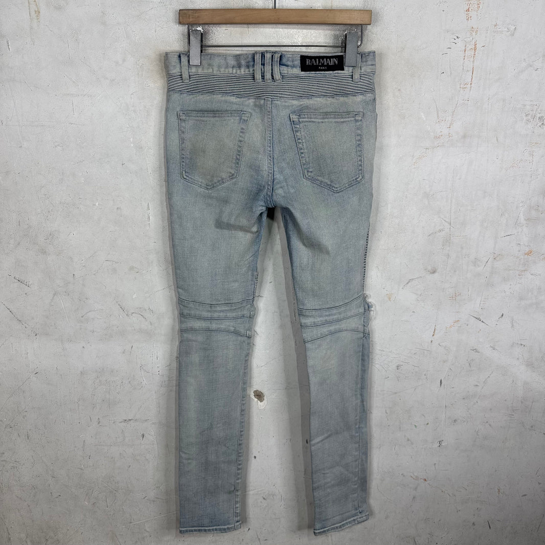 Balmain Light Wash Distressed Biker Jeans