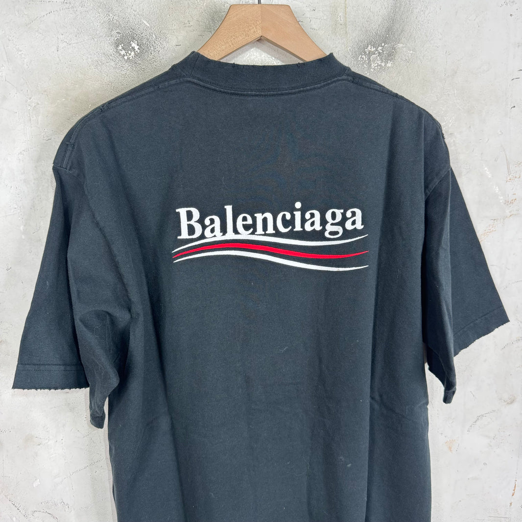 Balenciaga Distressed Black Embroidered Campaign T-Shirt