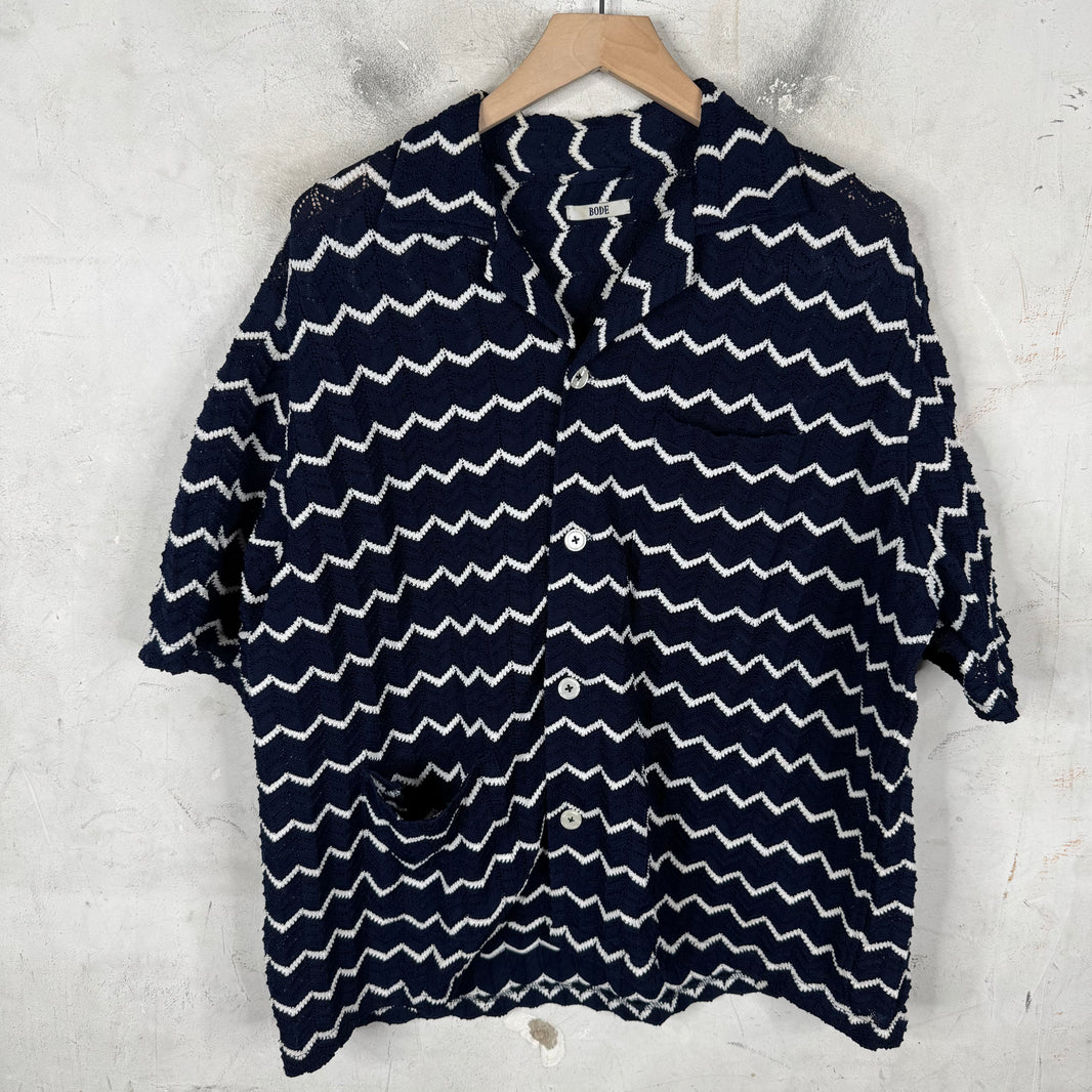 Bode Blue Zig Zagged Knit Shirt