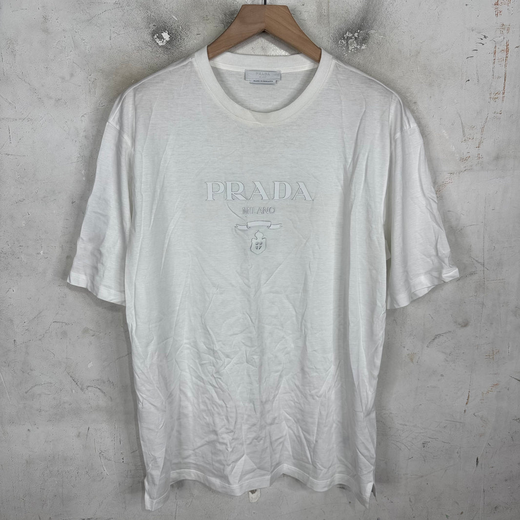 Prada White Rubberized Crest Logo T-Shirt