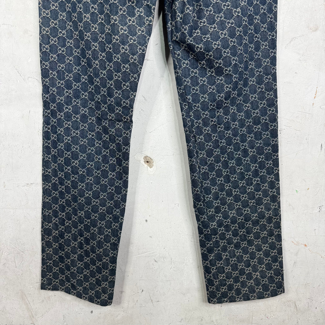 Gucci Denim Monogram Leather Trimmed Jeans