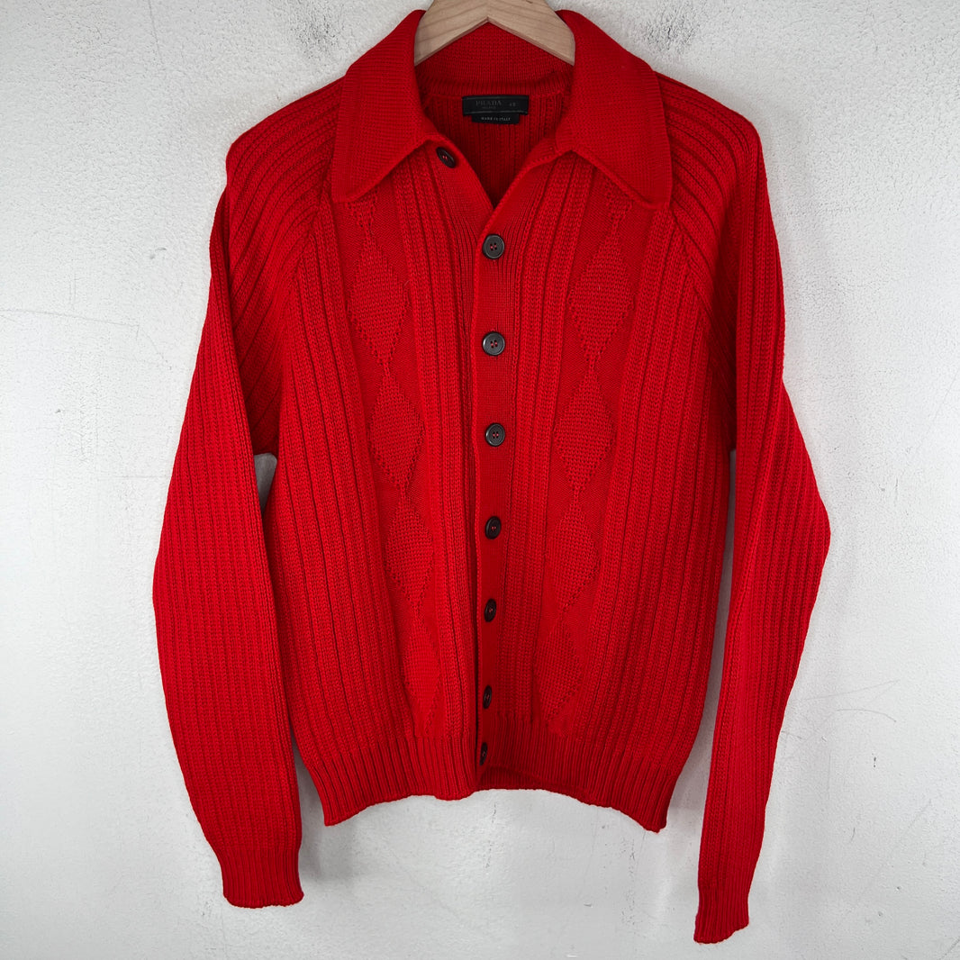 Prada Red Button Up Diamond Knit Cardigan