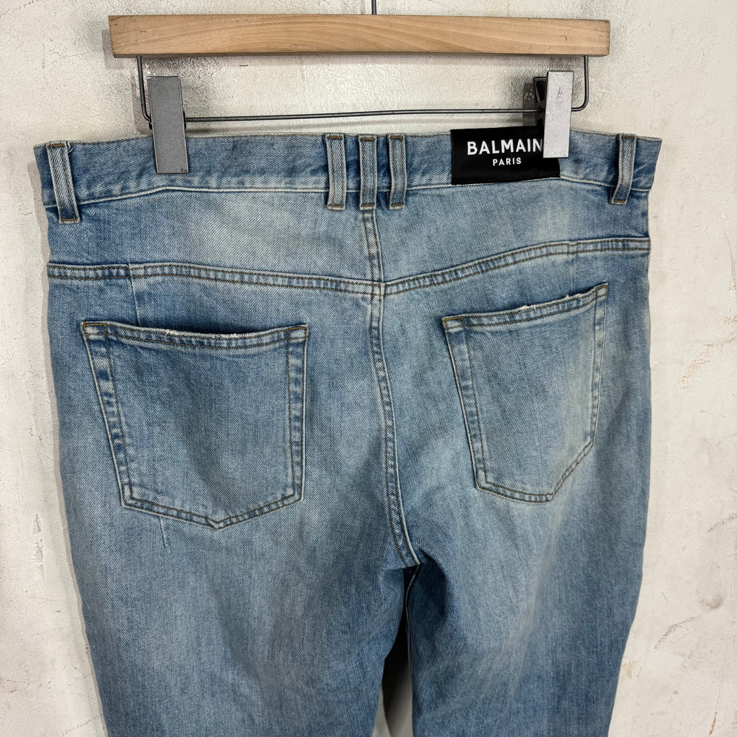 Balmain Lightwash Leather Patched Biker Jeans