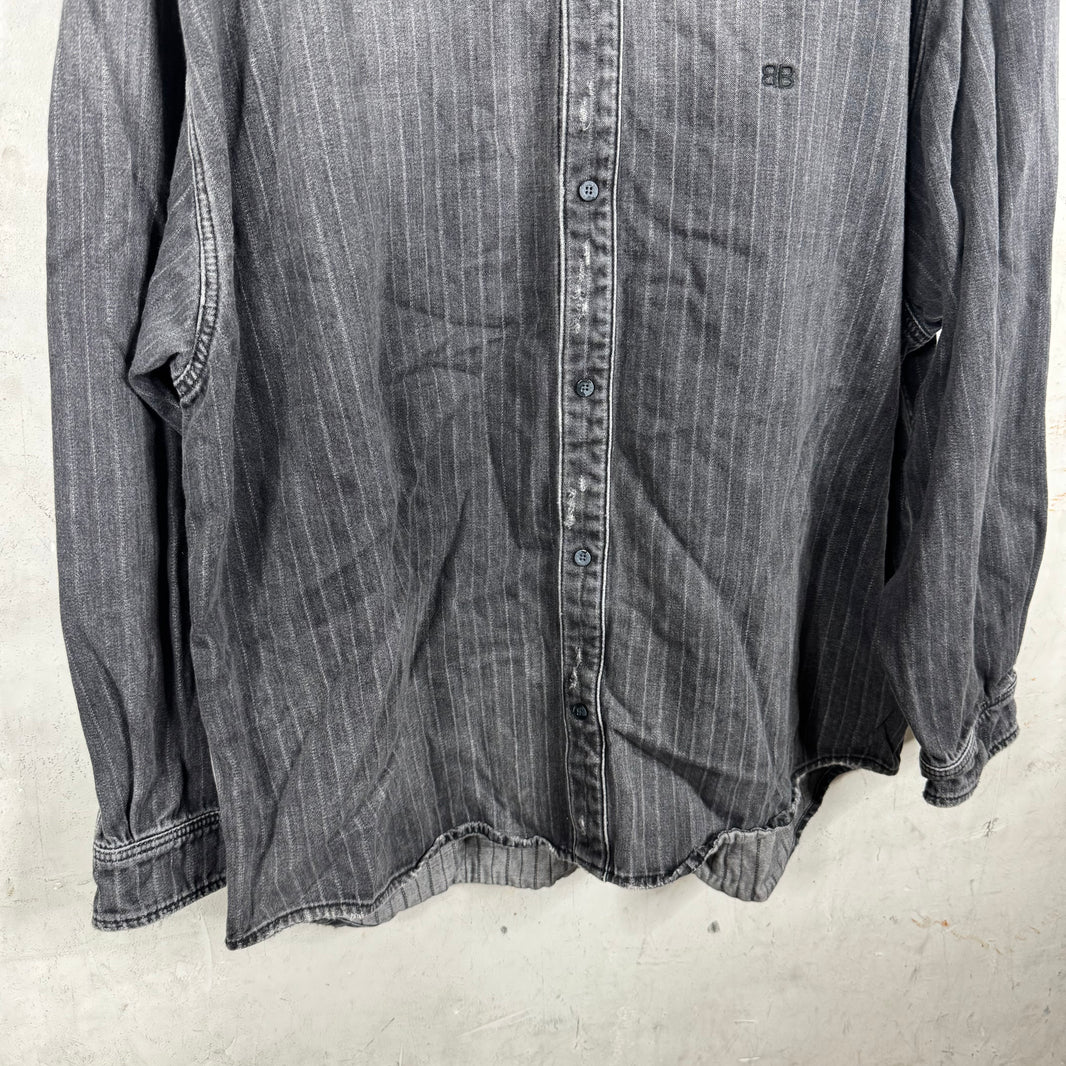 Balenciaga Distressed Pinstriped Denim Overshirt