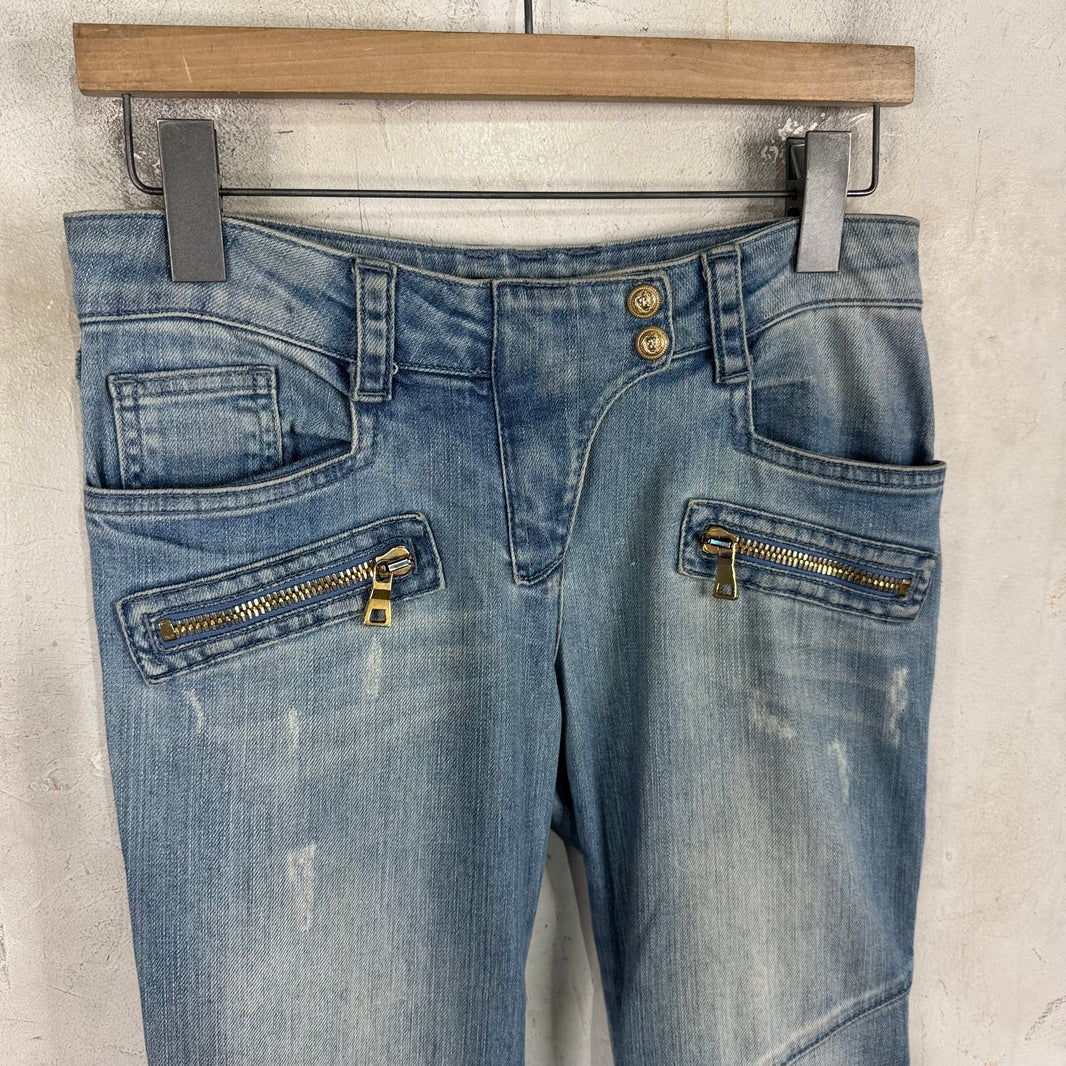 Balmain Womens Lightwash Biker Jeans