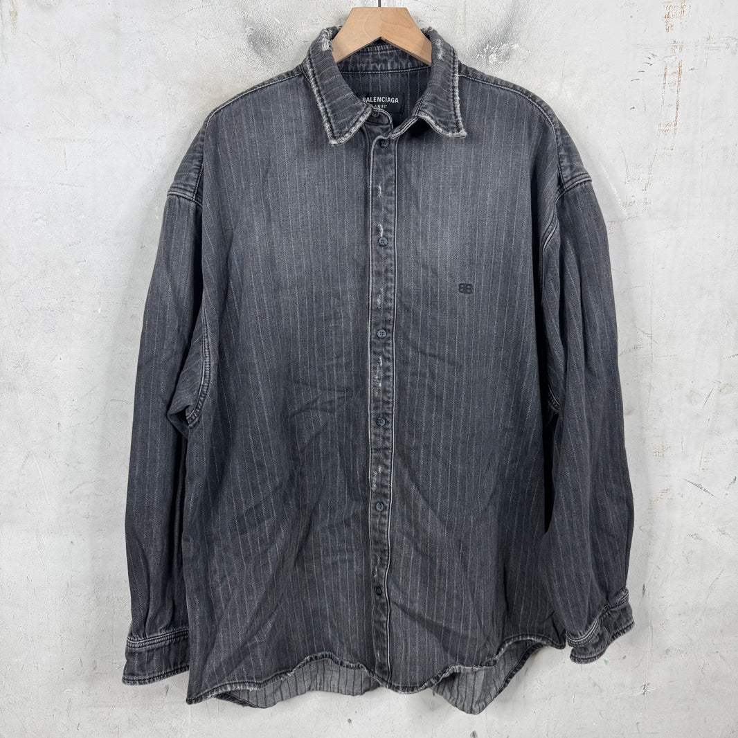 Balenciaga Distressed Pinstriped Denim Overshirt