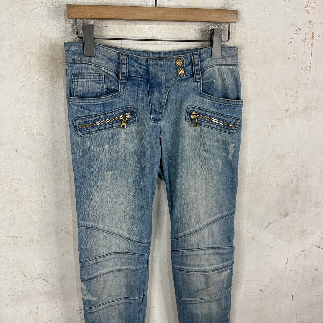 Balmain Womens Lightwash Biker Jeans