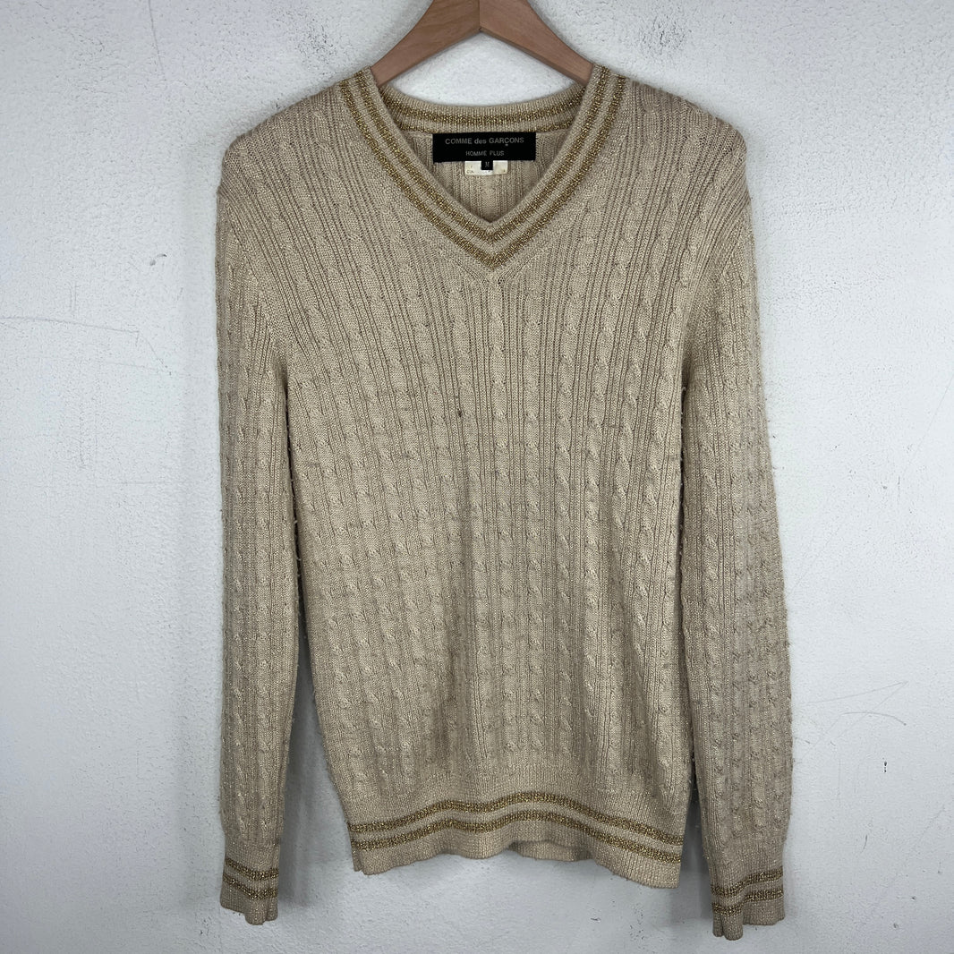 CDG Beige Cable Knit V Neck Sweater