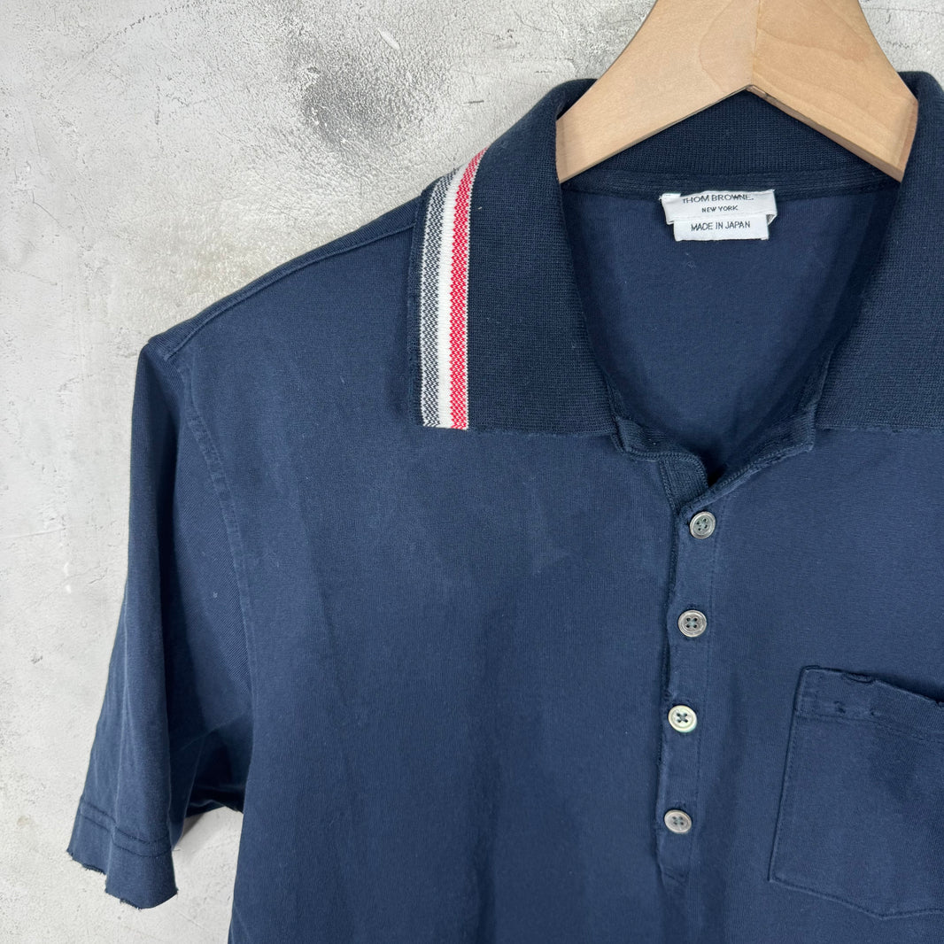 Thom Browne Navy Distressed Collar Striped Polo