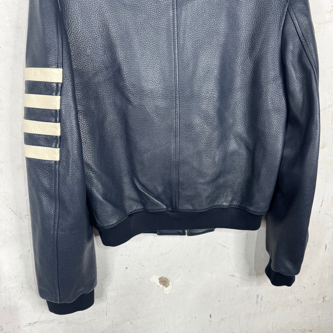 Thom Browne Navy Leather Striped Jacket