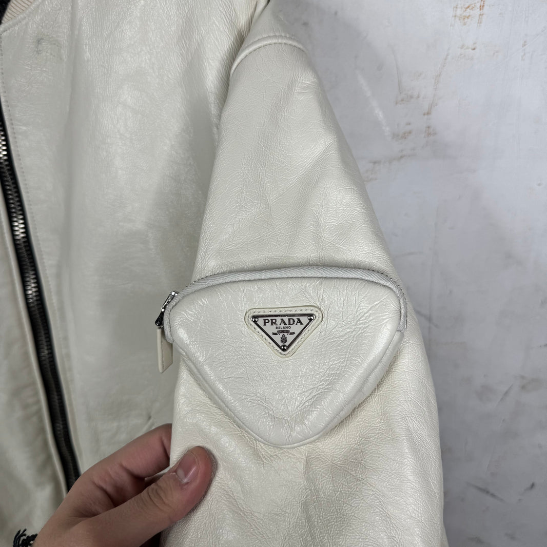 Prada Triple White Leather Raf Bomber Jacket
