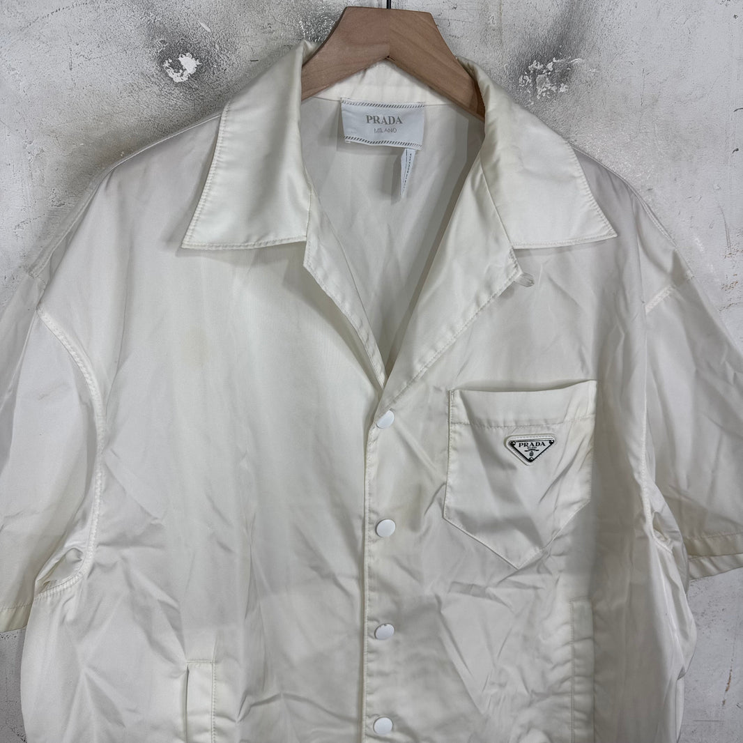 Prada White Renylon Plaqued Snap Shirt