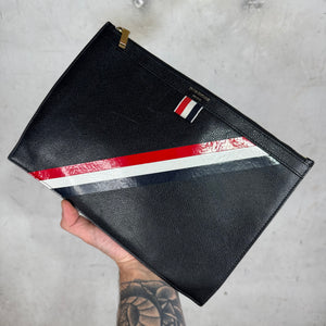 Thom Browne Black Pebbled Leather Stripe Pouch