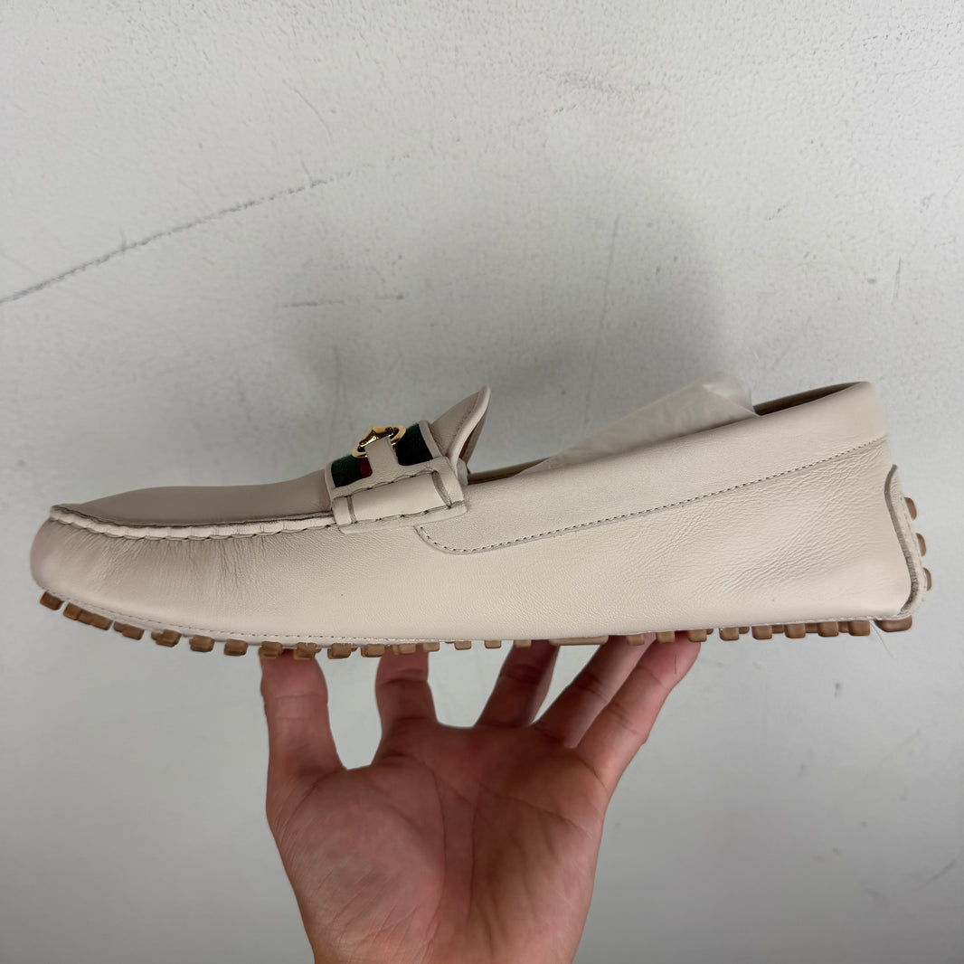 Gucci Cream Web Strap Horsebit Driving Loafer