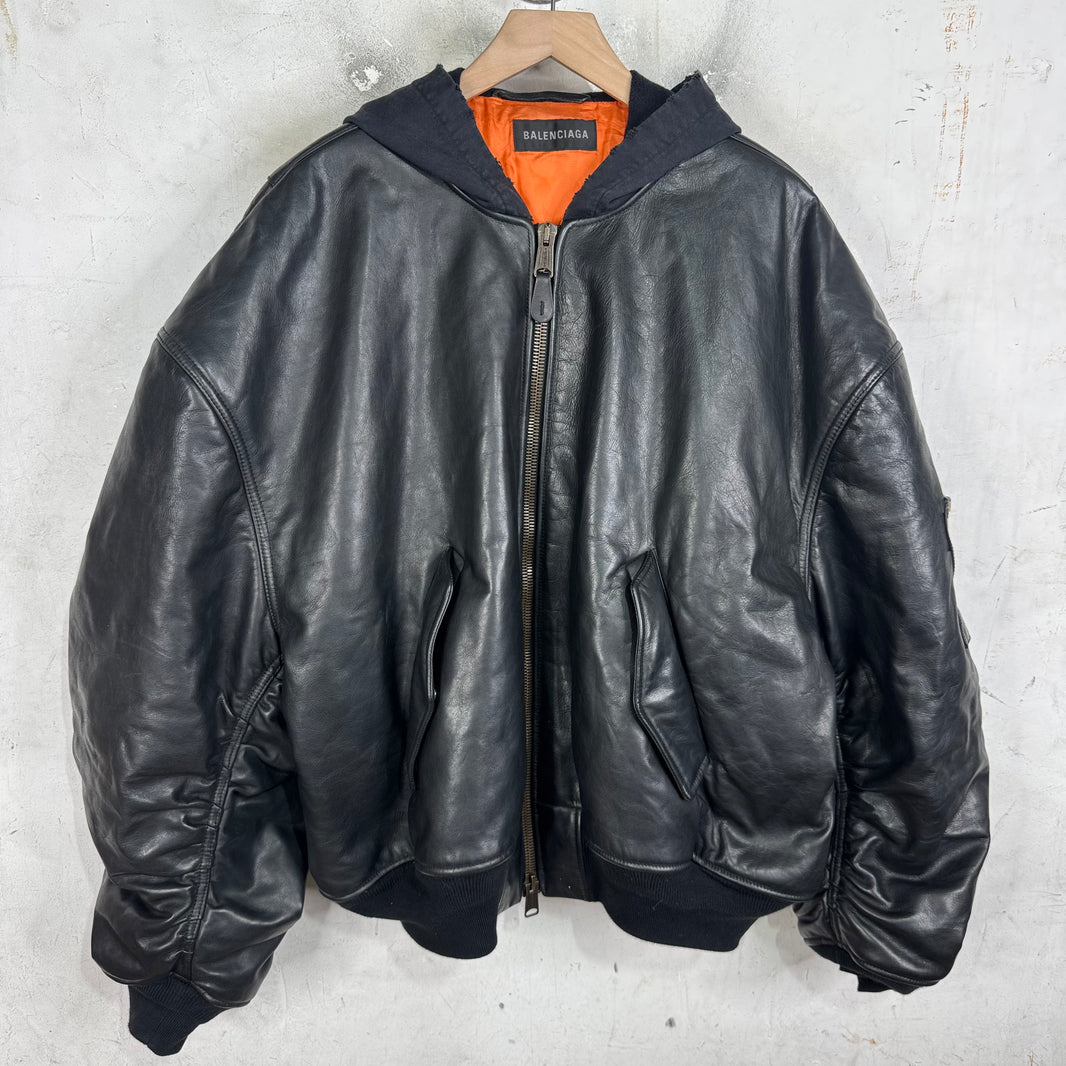 Balenciaga Bullskin Leather Hooded Bomber Jacket