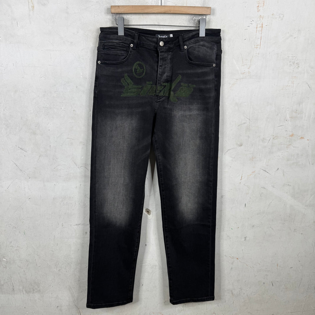 Sicko Embroidered Washed Black Jeans
