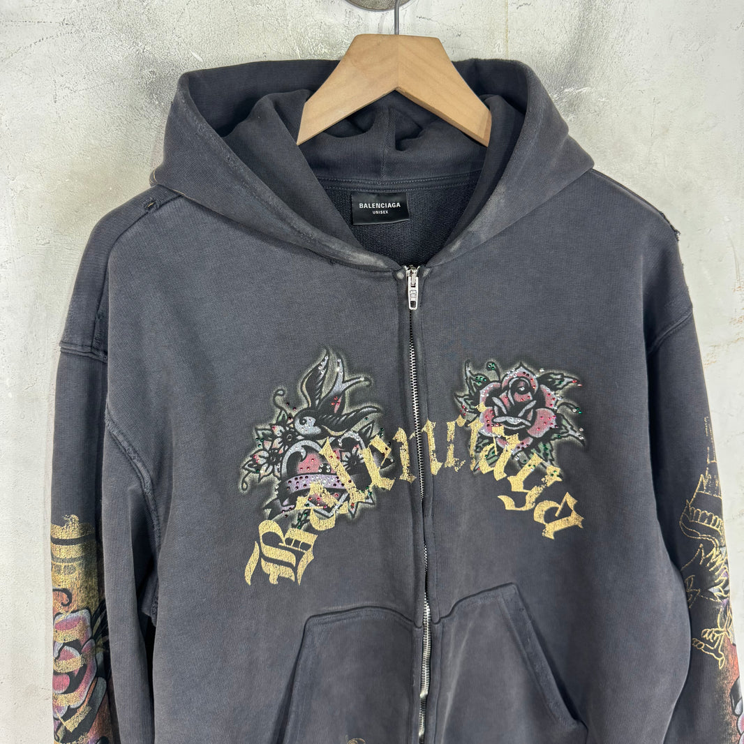 Balenciaga Ed Hardy Rhinestone Zip Hoodie