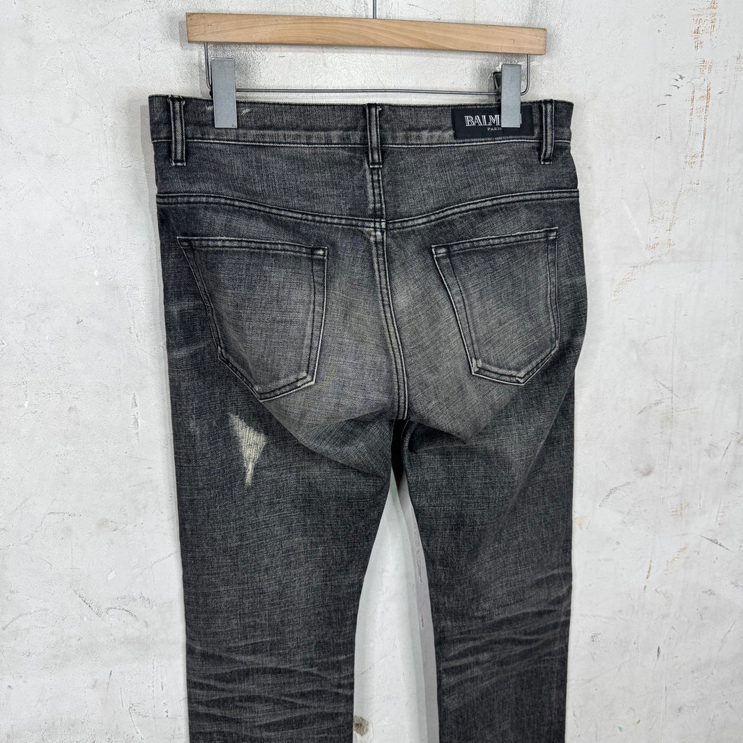 Balmain Straight Legged Charcoal Distressed Jeans