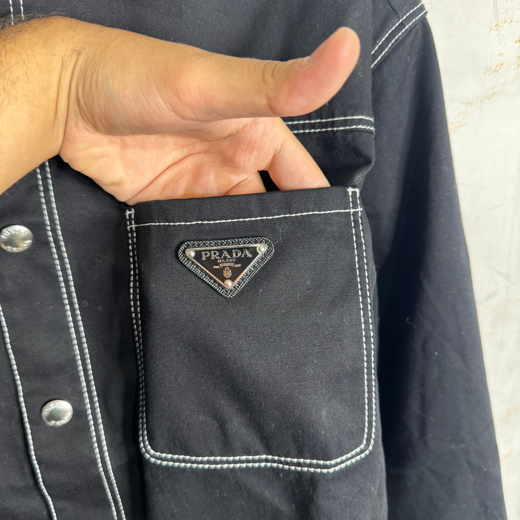 Prada Contrast Stitch Plaqued Snap Shirt