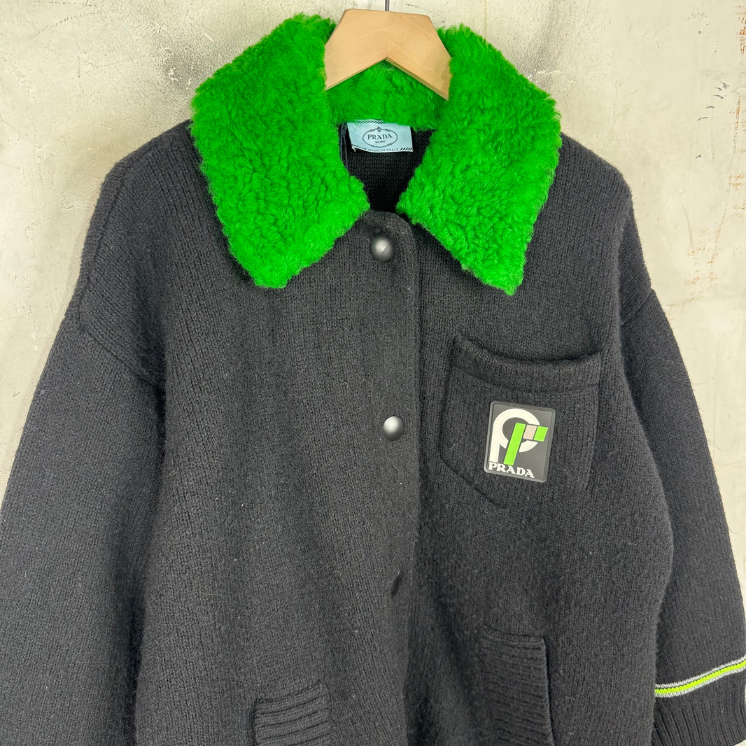 Prada Knitted Shearling Collared Cardigan