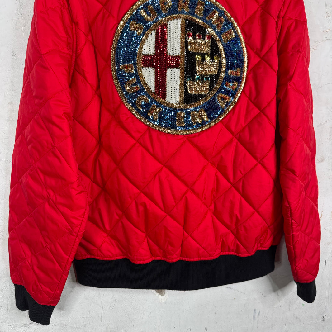 Supreme Red Sequin Patch Quilted Bomber