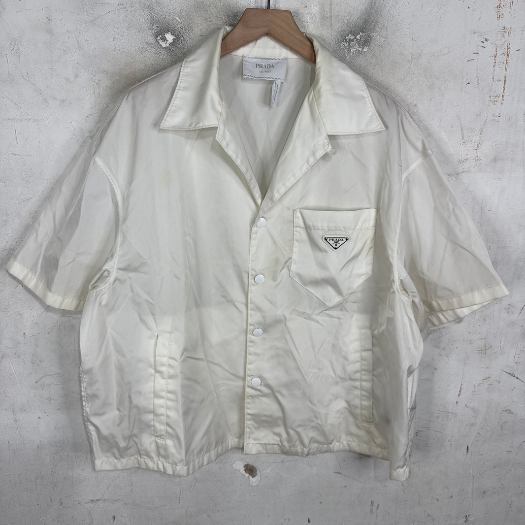 Prada White Renylon Plaqued Snap Shirt