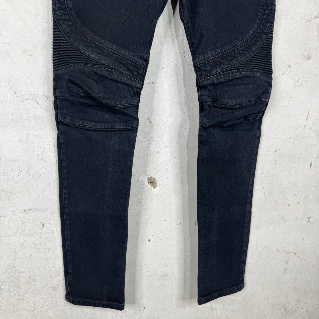 Balmain Washed Black Double Zip Biker Jeans