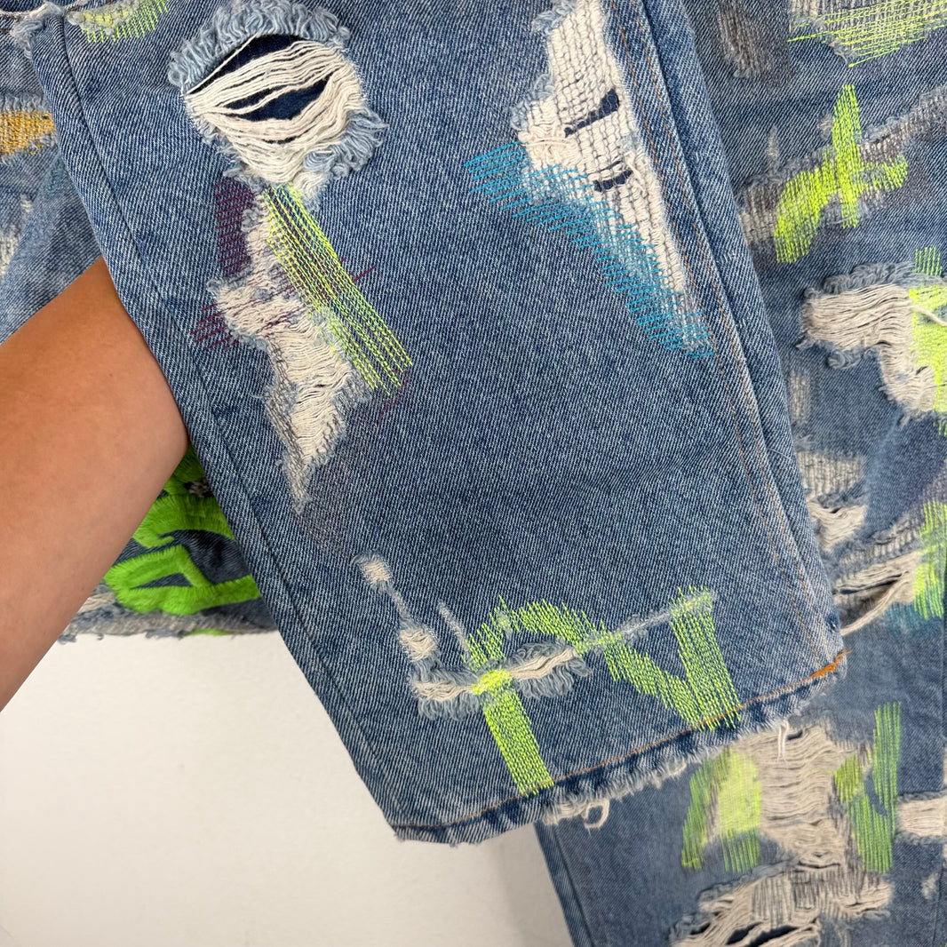 Endless Denim Blue Embroidered Distressed Jeans