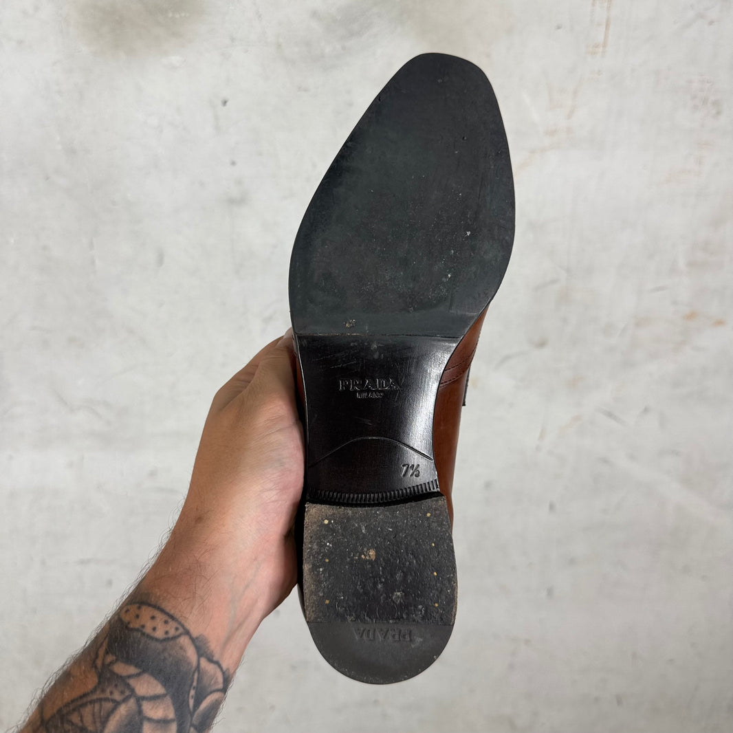 Prada Brown Leather Wing Tipped Loafers