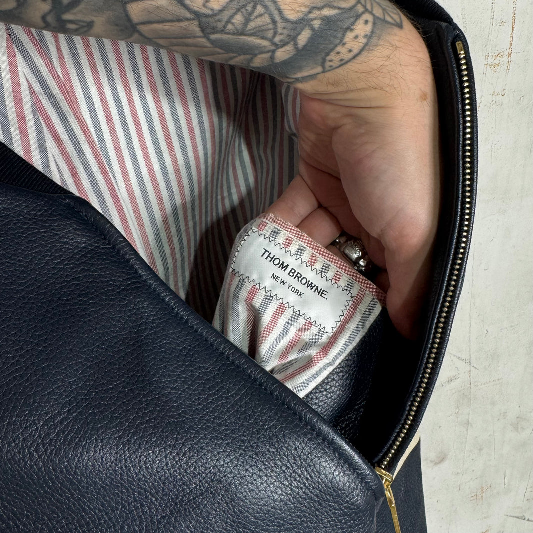 Thom Browne Navy Leather Striped Jacket