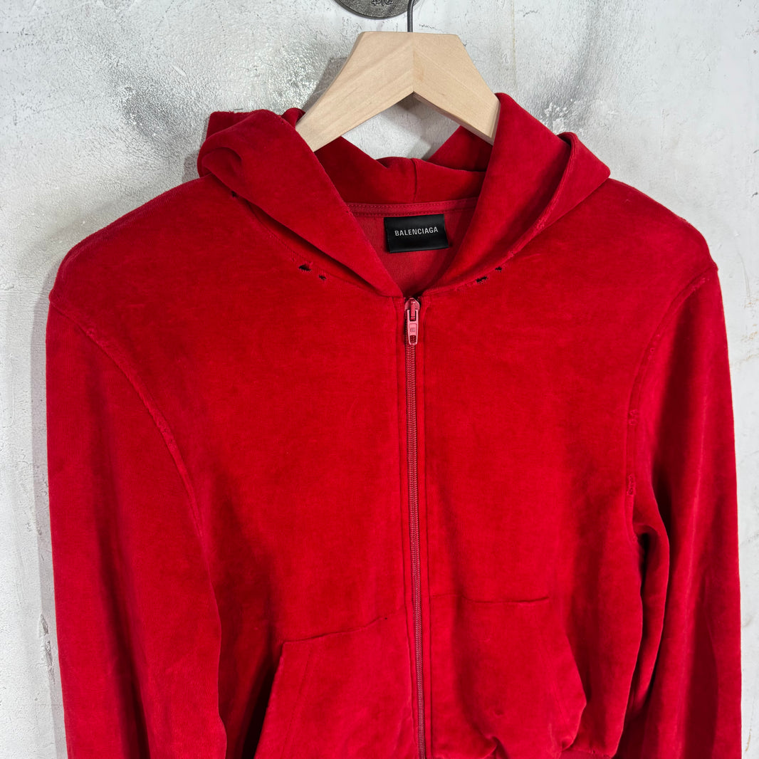 Balenciaga Rhinestoned Distressed Velvet Zip Up Hoodie