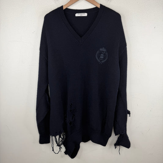 Balenciaga Distressed Navy Crest Knit Sweater