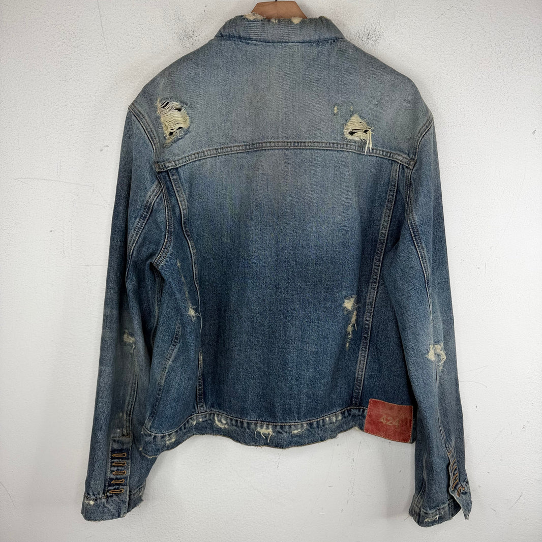 424 Distressed Puffer Collar Trucker Jacket