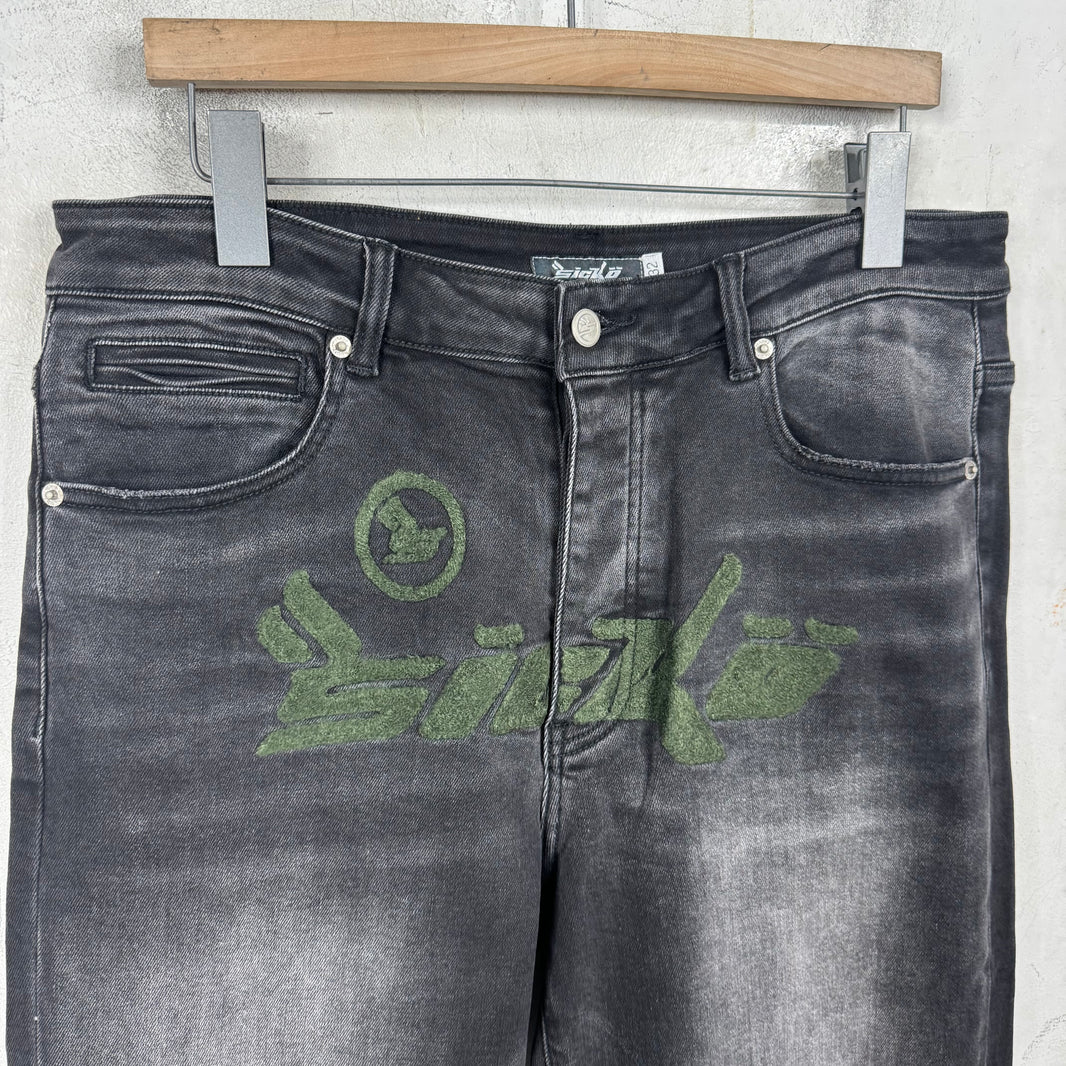 Sicko Embroidered Washed Black Jeans