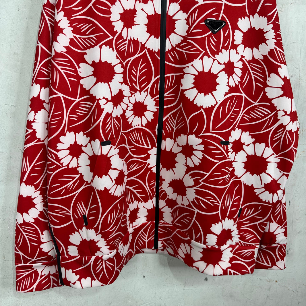 Prada Red Floral Plaqued Hooded Track Jacket