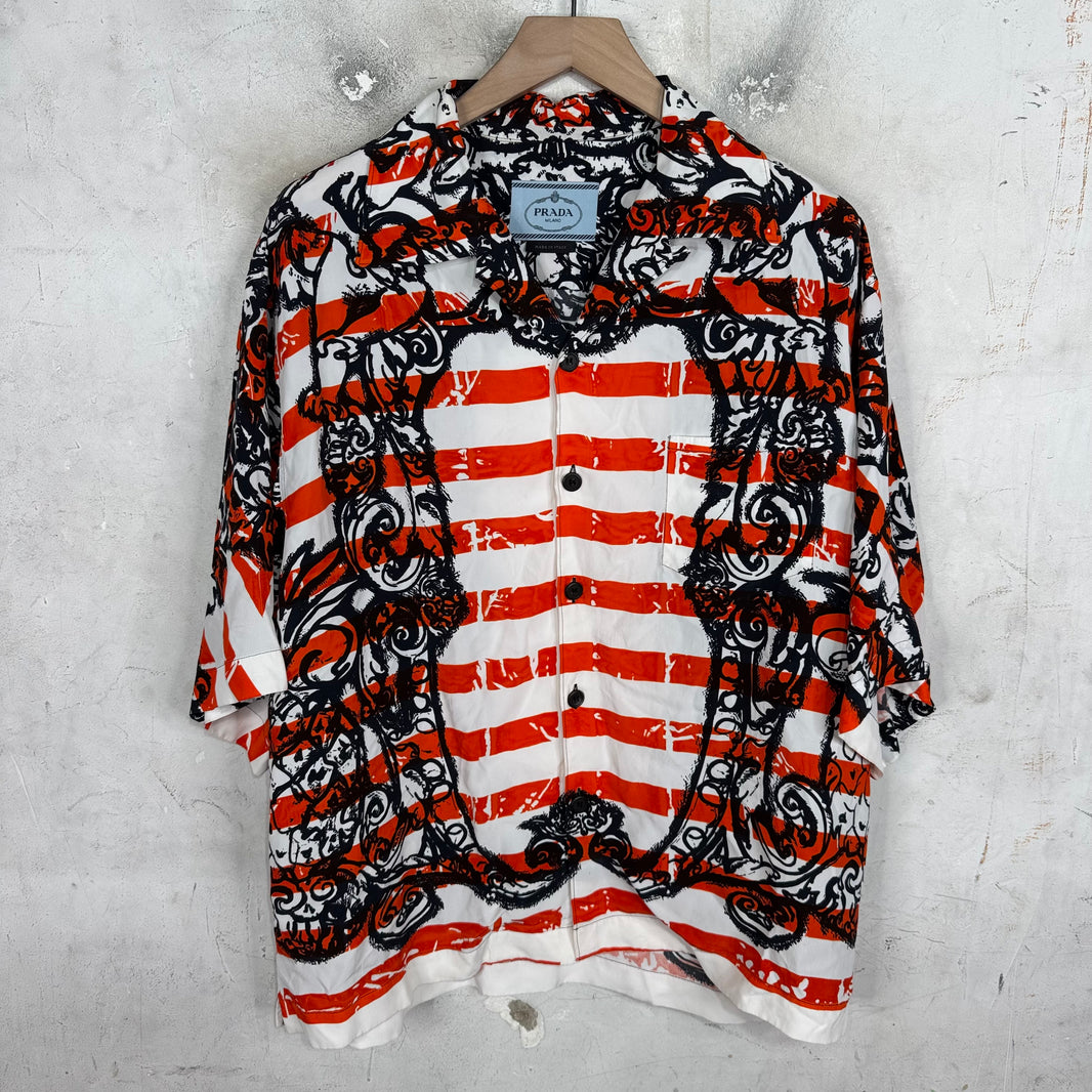 Prada Orange Abstract Silk Buttoned S/S Shirt
