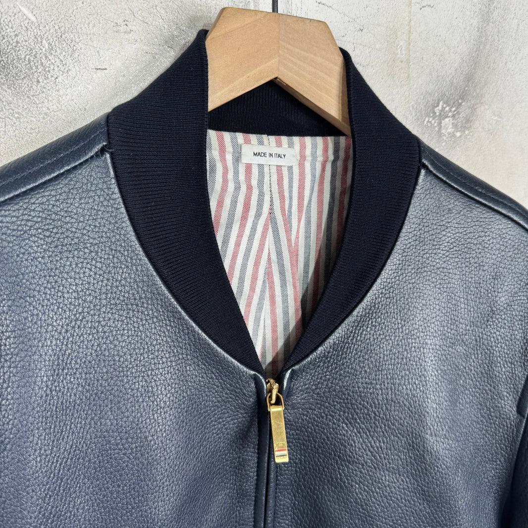 Thom Browne Navy Leather Striped Jacket