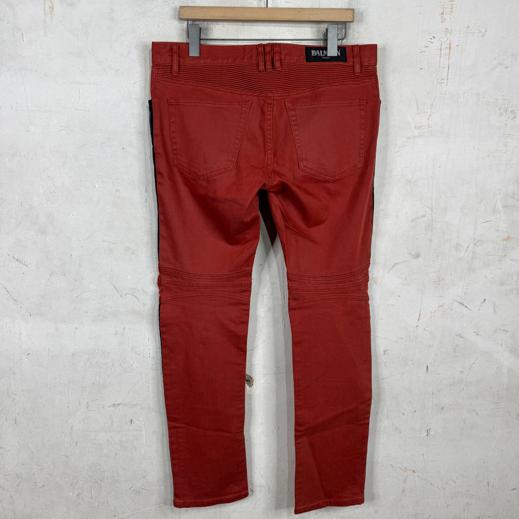 Balmain Orange Denim Trimmed Biker Jeans