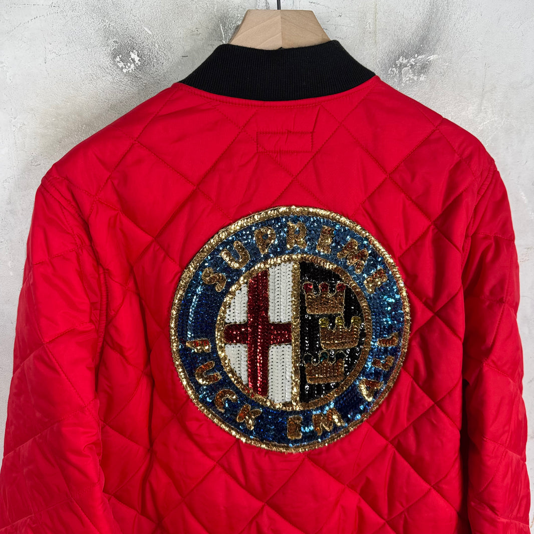 Supreme Red Sequin Patch Quilted Bomber