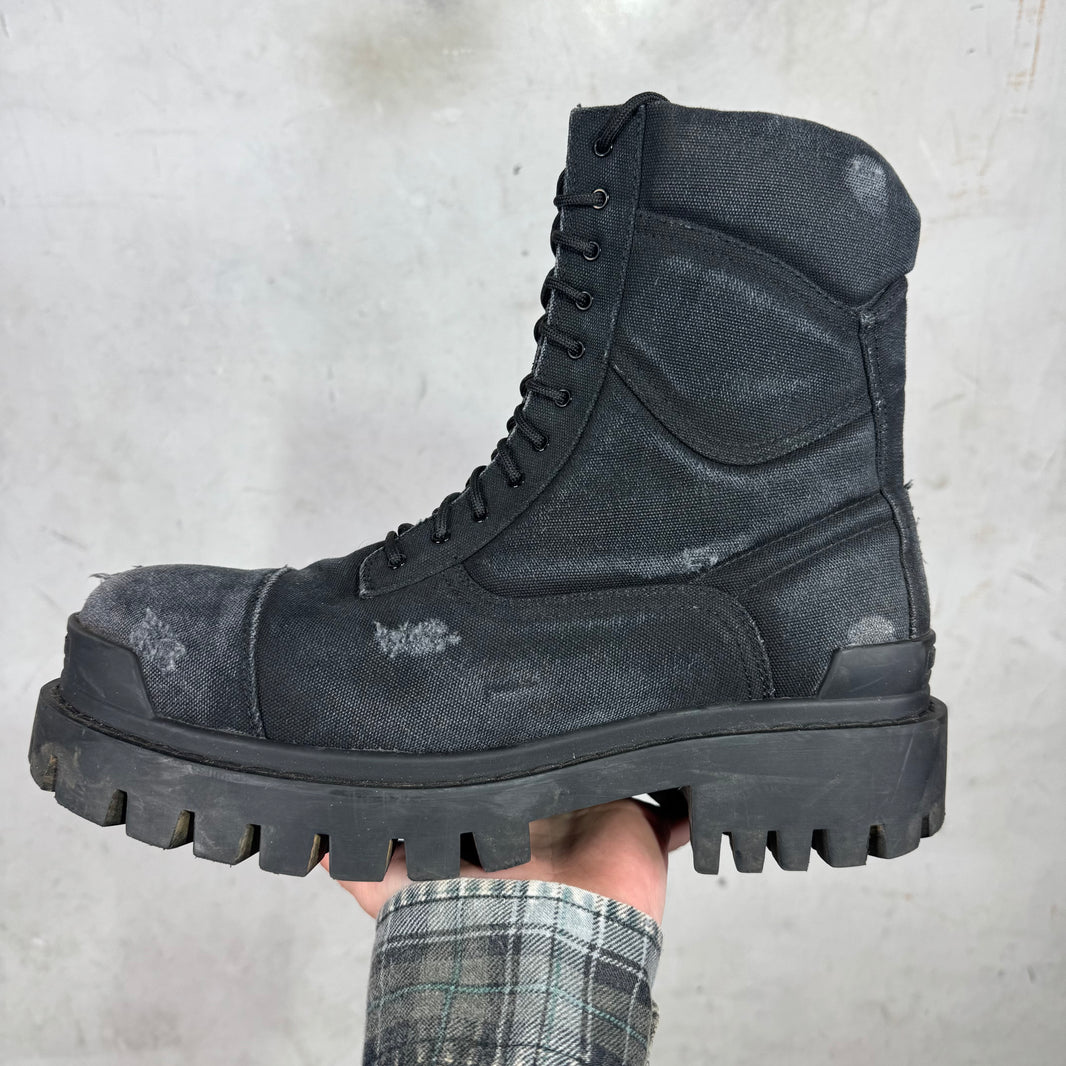 Balenciaga Black Distressed Canvas Strike Boots