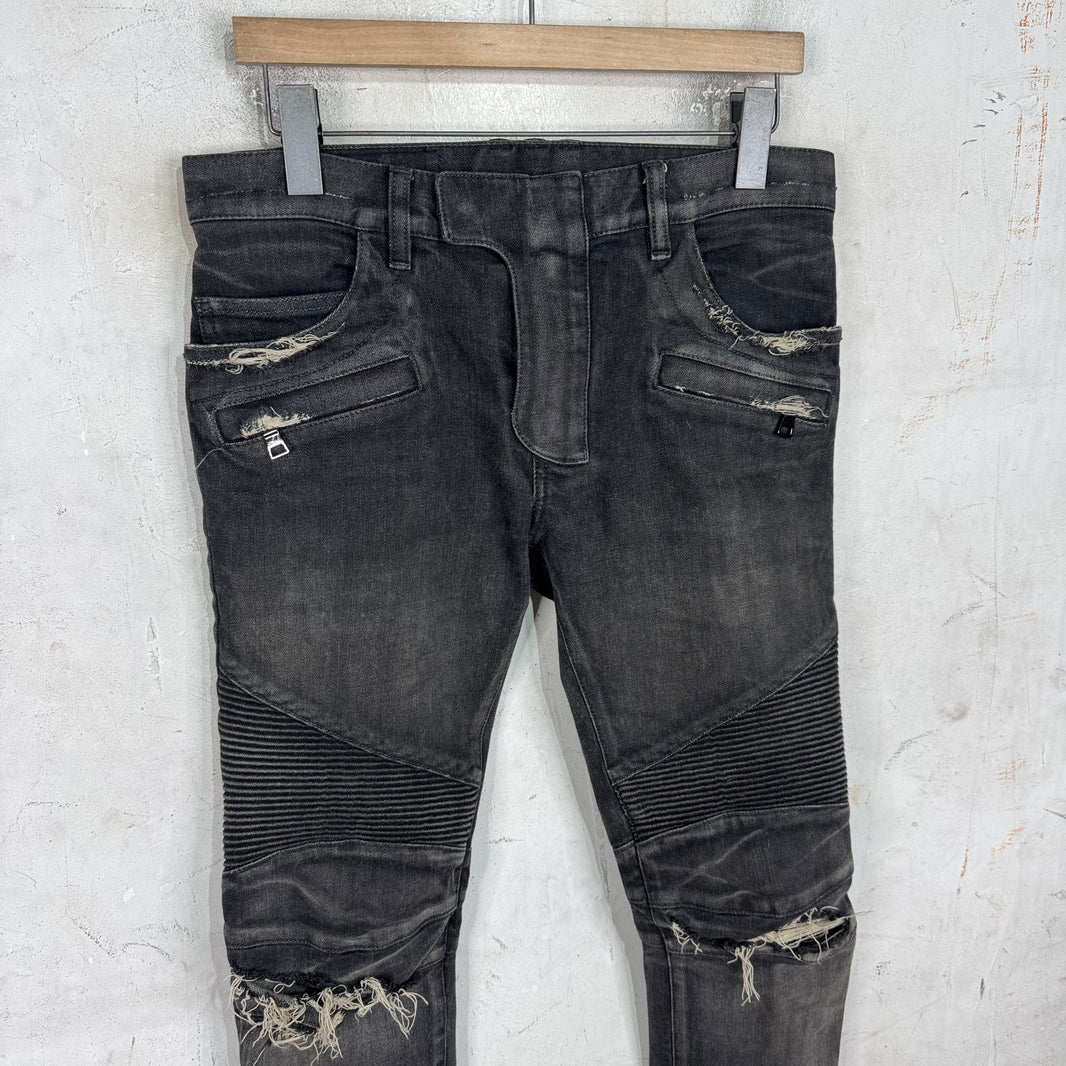 Balmain Charcoal Distressed Biker Jeans