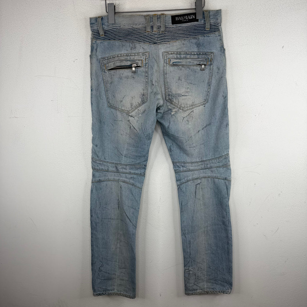 Balmain Distressed Light Blue Wash Biker Jeans