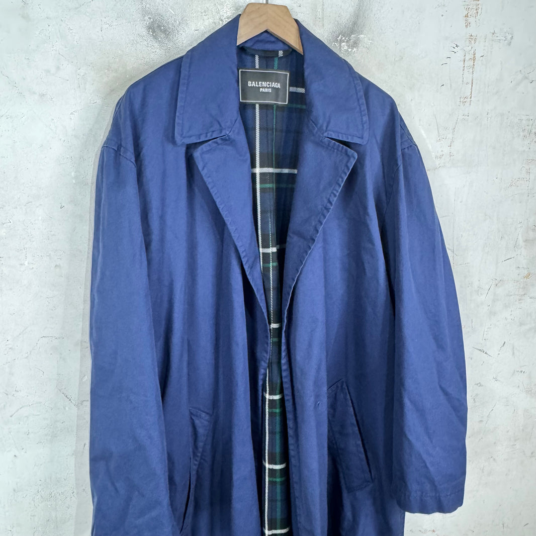 Balenciaga Distressed Hem Plaid Lined Long Coat