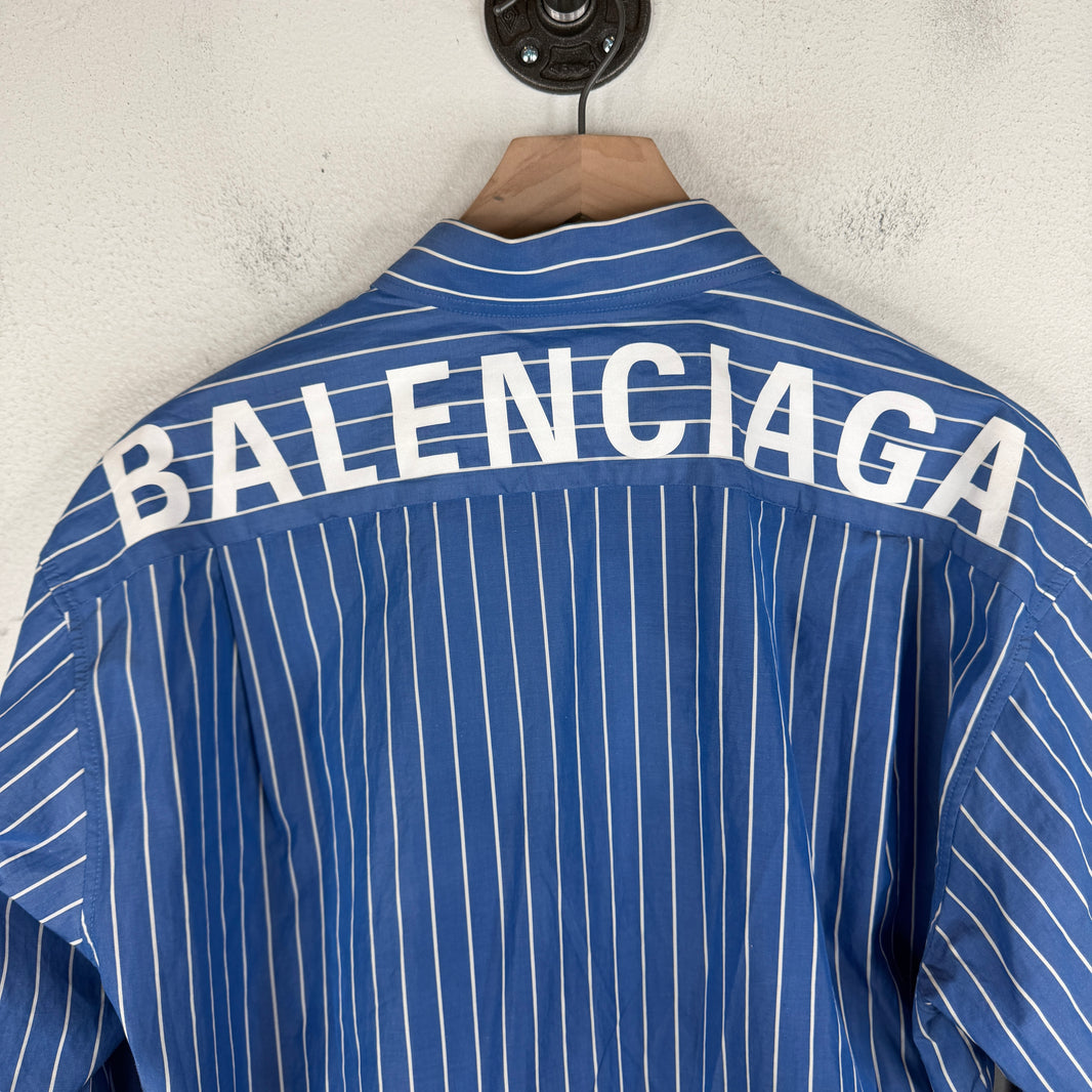 Balenciaga Blue Back Logo Striped Button Up Shirt