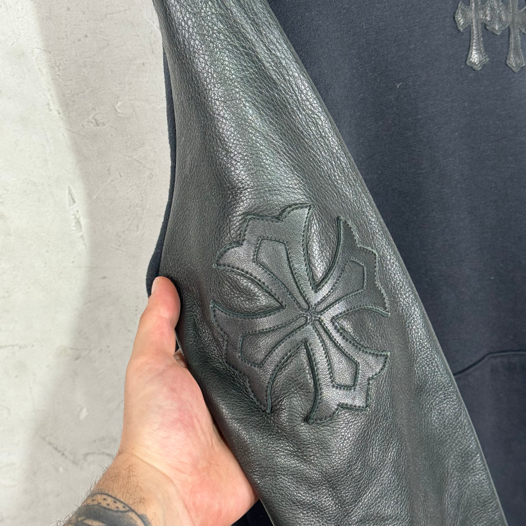 Chrome Hearts Triple Cross Leather Sleeved Crewneck