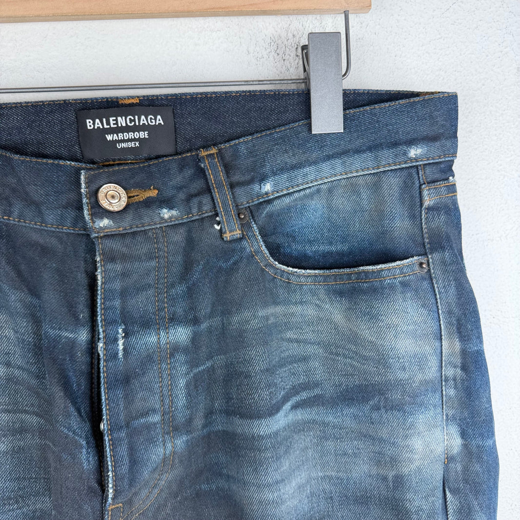Balenciaga Coated Distressed Dark Wash Straight Leg Jeans