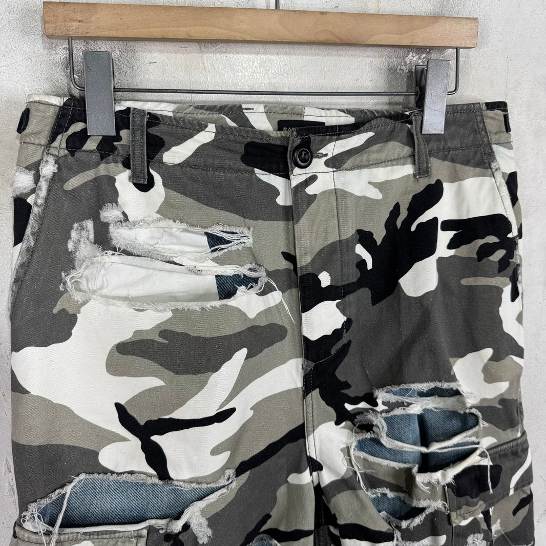 Balenciaga Trompe Layered Snow Camo Distressed Shorts